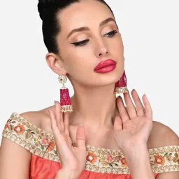 Zaveri Pearls Rani Pink Dazzling Crystal Beaded Hanging Kundan Jhumki Earrings-ZPFK15867 image 4