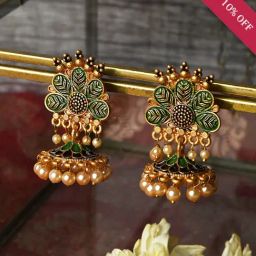 Teejh Shaila Dark Green Golden Enamel Jhumki Earrings-picture-17