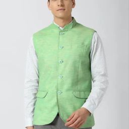 Peter England Elite Green Regular Fit Self Pattern Nehru Jacket-image-3