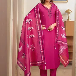 Moda Rapido Floral Yoke Design V-Neck Mirror Work Kurta With Trousers & Dupatta-picture-44