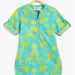 Campana Girls Turquoise Cotton Floral Anarkali Kurti-image-77