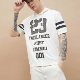 Fame Forever By Lifestyle Off White Cotton Relaxed Fit Printed Hooded T-Shirt-image-60