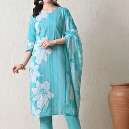 HARIKS Floral Printed Regular Pure Cotton Straight Kurta With Trousers & Dupatta-picture-33