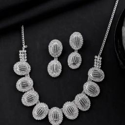VOJ Silver Stones Studded Oval Shaped Necklace & Earring Set-39