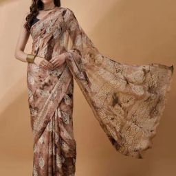 Winza Designer Brown Printed Saree With Unstitched Blouse-image-19