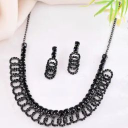VOJ Black Circular Stone Studded Necklace & Earring Set-44
