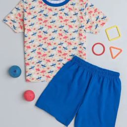 Bumzee Kids Light Beige & Royal Blue Printed T-Shirt with Shorts-image-81