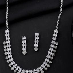 VOJ Silver Plated CZ Stones Studded Necklace & Earring Set-20