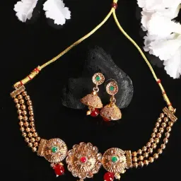 Anikas Creation Gold Plated & Traditional Look Casting Work Ball Chain Choker Jewellery Set-image-42