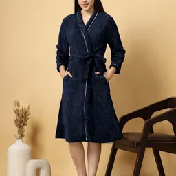 FABINALIV Women Navy Blue Pure Cotton Bath Robe-image-5