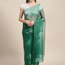 Mitera Green & White Floral Organza Saree-17
