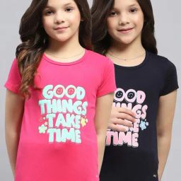 Monte Carlo Kids Navy Blue & Pink Printed Regular Fit T-Shirt - Pack of 2-image-31