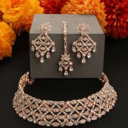 Anikas Creation Rose Gold Plated Stone Studded Crisscross Pattern Jewellery Set-image-31