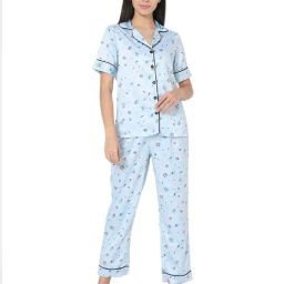 Smarty Pants Sky Blue Satin Floral Shirt With Pyjamas-image-46