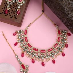 Anikas Creation Geometric Shape Traditional Rose Pink Kundan & Beads Jewellery Set-17