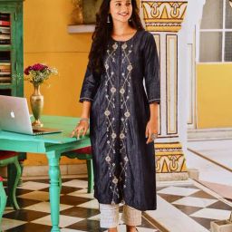 Savi Dark Blue Denim A-Line Embroidered Kurta kurtis-image-50
