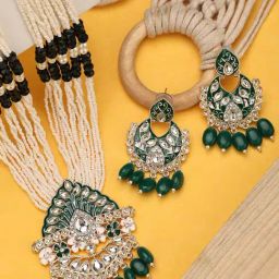 Anikas Creation Gold Plated Beads & Kundan Studded Green Jewellery Set-image-52