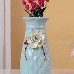 Myntra Elegant Homes Blue & White Flower Design Ceramic Vase-image-27