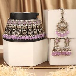 Anikas Creation Gold Plated Cubic Zirconia Studded & Beaded Jewellery Set-image-49