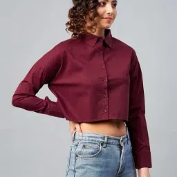 chimpaaanzee Chimpanzee Maroon Cotton Regular Fit Cropped Shirt-picture-13