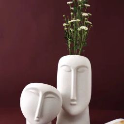 Tayhaa White Ceramic Face Vase - Set of 2-image-43