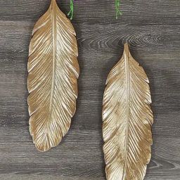Art Street Gold Wood Feather Design Tray Decorative For Wall Hanging Carved Decal Plates - Set of 2-19