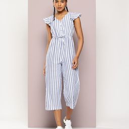 DILLINGER Striped Flutter Sleeve Pure Cotton Capri Jumpsuit-image-80