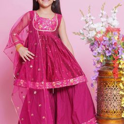 Little Bansi Girls Embroidered Thread Work Pure Silk Kurta with Sharara & Dupatta-picture-26
