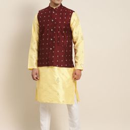 SOJANYA Men Yellow Embroidered Mirror Work Kurta with Pyjamas With Nehru Jacket image 1