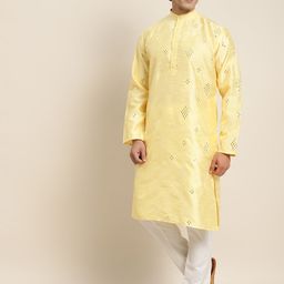 SOJANYA Men Yellow Embroidered Mirror Work Kurta with Pyjamas With Nehru Jacket image 5