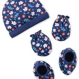 Babyhug 100% Cotton Knitted Cap Mittens & Booties with Floral Print- Blue-image-103