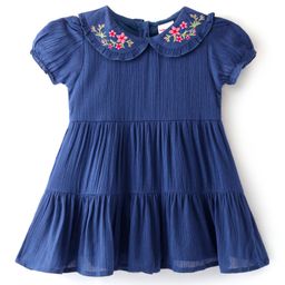 Babyhug Puff Sleeves Peter Pan Collar Frock with Floral Embroidered -  Navy Blue-image-2