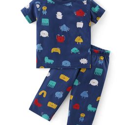 Babyhug Cotton Knit Half Sleeves Printed Night Suit  - Navy Blue-picture-36