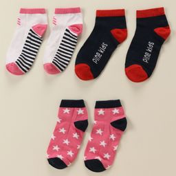 Pine Kids Cotton Nylon Ankle Length Socks Brand Text Stripes & Stars Design Pack of 3 - Red Black & White-image-129