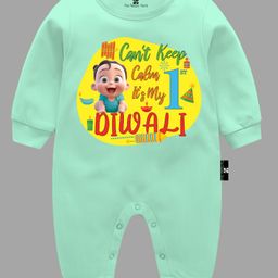The Peppy Tend Diwali Theme 100% Cotton Full Sleeves Cant Keep Calm Its My 1st Diwali Text Printed Romper - Sea Green-picture-40