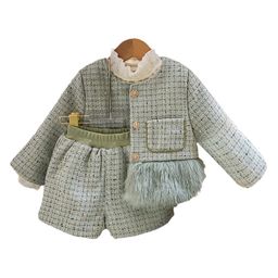 Little Surprise Box Cotton Full Sleeves Textured Pocket Detailed Top & Coordinating Shorts Set - Olive Green-image-23