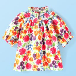 Babyhug Rayon Woven Half Sleeves Top with Smock Detailing & All Over Floral Print - Pink & Yellow-image-27