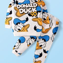 Babyhug Disney Cotton Knit Full Sleeves Oversize Drop Shoulder T-Shirt & Joggers Set with Donald Duck Print - Blue & White-image-88