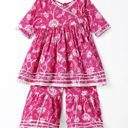 Teentaare Cotton Woven Three Fourth Sleeves Kurta and Gharara Set with Floral Print & Lace Detailing - Pink-picture-20