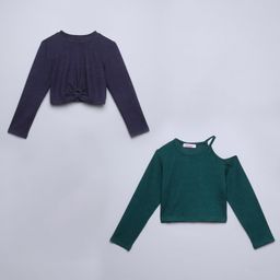 Taffykids Pack Of 2 Full Sleeves Solid Crop Tops - Green & Blue-image-93