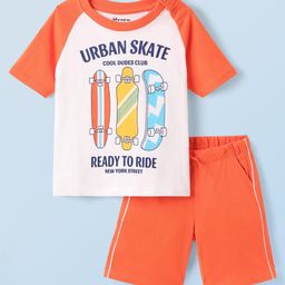 Honeyhap Premium 100% Cotton Knit Half Raglan Sleeves Shorts Night Suit with Bio Finish & Skating Print - Bright White & Firecracker-image-93