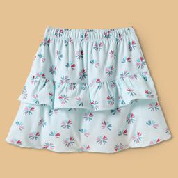Tango Interlock Knit Knee Length Layered Skirt with Floral Print - Aqua Blue-image-68