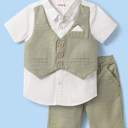 Babyhug Cotton Woven Half Sleeves Solid Color Shirt & Shorts Set with Attached Waistcoat - White & Light Green-image-110