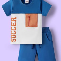Babyhug Single Jersey Knit Half Sleeves T-Shirt & Shorts With Soccer Text Print - Blue & White-image-73