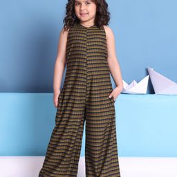 BaawRi Cotton Woven Sleeveless Checked Jumpsuit - Olive Green & Navy Blue-image-78