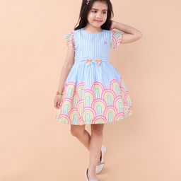PINK MERMAID Cotton Woven Frill Sleeves Striped & Rainbow Printed Dress - Blue-image-71
