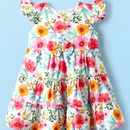 Babyhug Cotton Knit Sleeveless Frock With Floral Print & Bow Applique - White-picture-41
