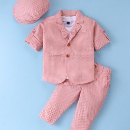 Rikidoos Full Sleeves Checked Blazer With Solid Tee & Coordinating Pant Cap & Attached Bow Set - Peach & White-picture-22
