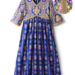 EARTHY TOUCH Single Jersey Knit Three Fourth Sleeves Ethnic Dress With Foil Floral Print - Blue-image-8