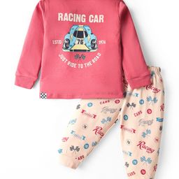 CUCUMBER Sinker Knit Full Sleeves Nightsuit With Vehicles Print - Red & Peach-image-84